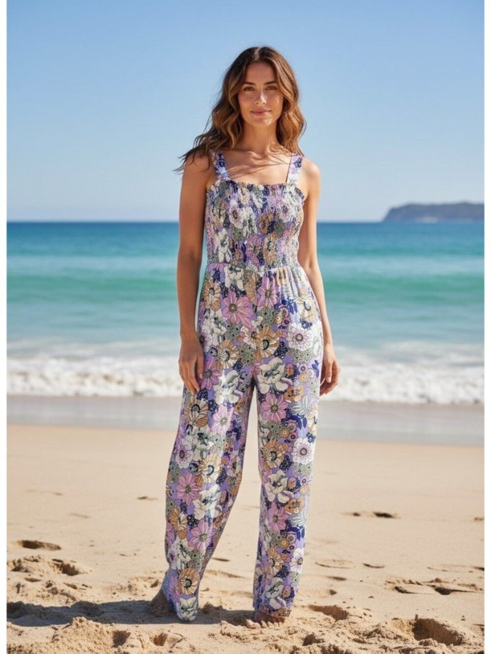 Floral Print Jumpsuit Sleeveless Smocked Bodice Lightweight By Dokotoo Womens S